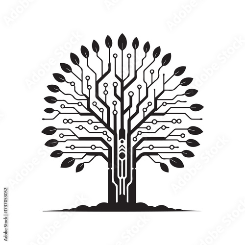 Vector art of a tree with circuit board branches and leaves, representing the fusion of nature and technology