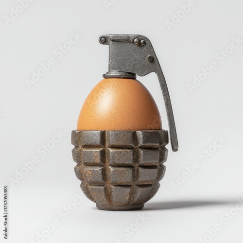 An egg sits in a rusty, grenade-shaped object, against a plain white background