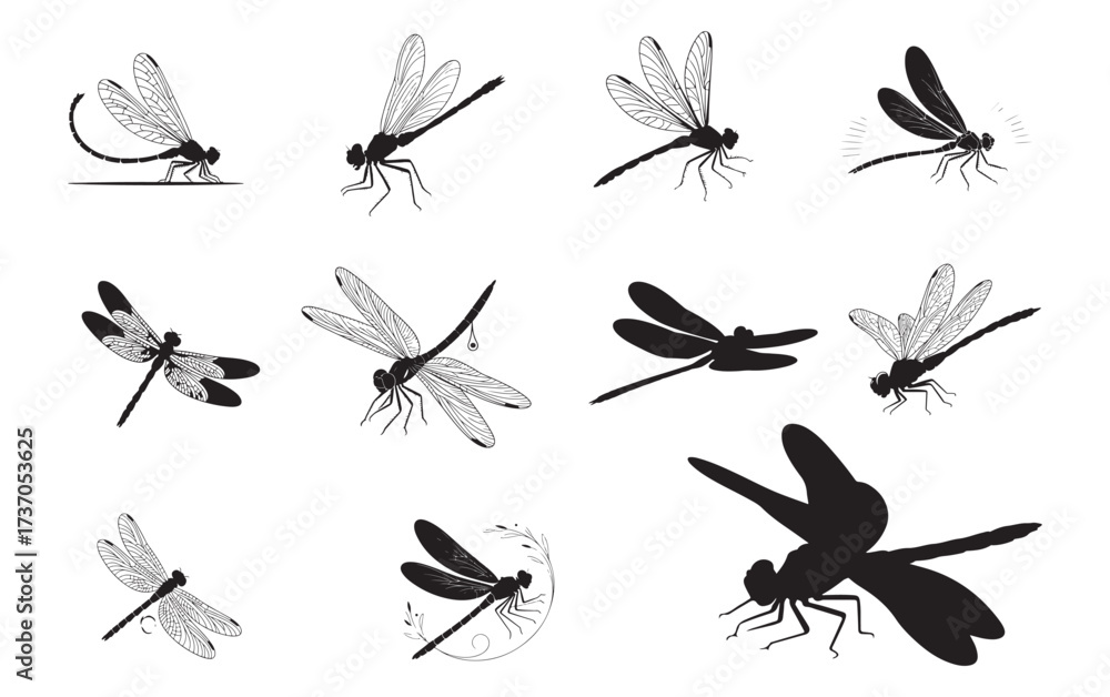 Fototapeta premium Dragonfly Silhouette Vector Set. Insect Line Art, Nature Clip art and Minimal Designs.