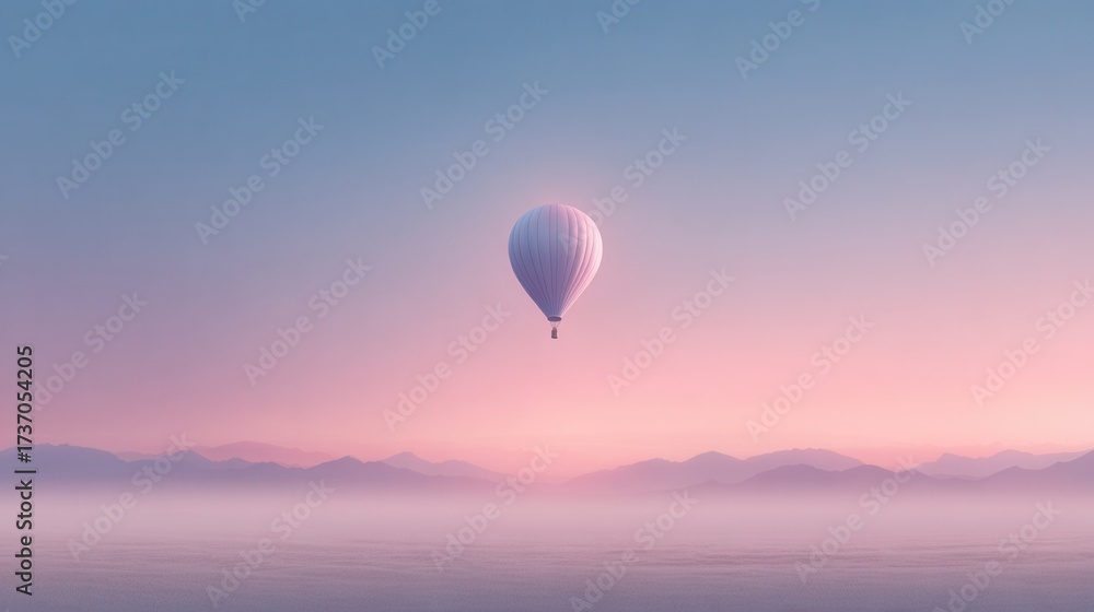 Fototapeta premium Dreamy hot air balloon floating above serene landscape at dawn minimalist aesthetic tranquil viewpoint for peaceful vibes