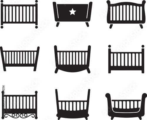 Crib Silhouette Collection: A carefully curated assortment of crib silhouettes, ideal for illustrating themes of infancy, childcare, and the preparation for a newborn.