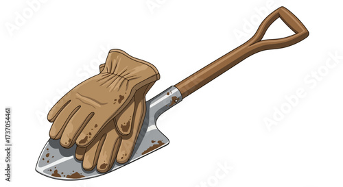 Gardening tools pair of well-worn leather gloves resting on a sturdy metal shovel, ready for outdoor work and cultivation