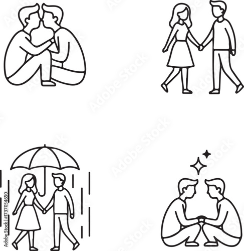 Embracing Love: A series of line art illustrations showcase different moments of intimacy and affection, from tender gestures to shared experiences, representing the beauty of human connection.
