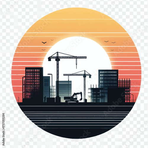 City construction site silhouette with tower cranes and buildings.