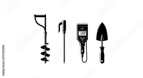 Gardening Tools Collection Auger, Thermometer, Meter, Trowel, For Soil, And Equipment