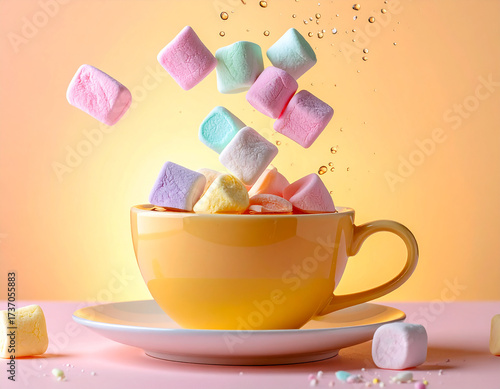  Bright pastel-colored marshmallows are tumbling into a yellow ceramic teacup against a warm orange background