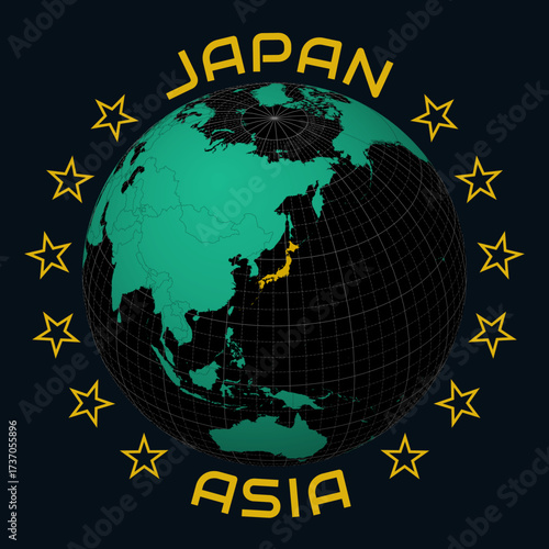Japan on Globe. Round country and continent name text. Country view on world map in Black Emerald color palette. Japan shape on map. Artistic vector illustration.