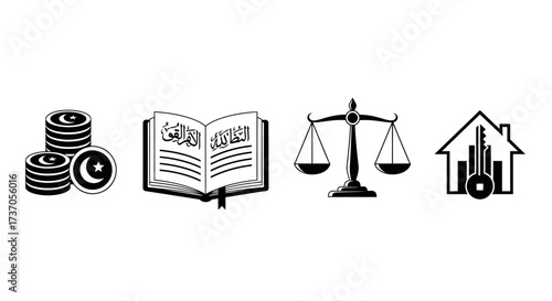 Islamic Finance Icons Coins, Book, Scales, and House Symbolizing Principles
