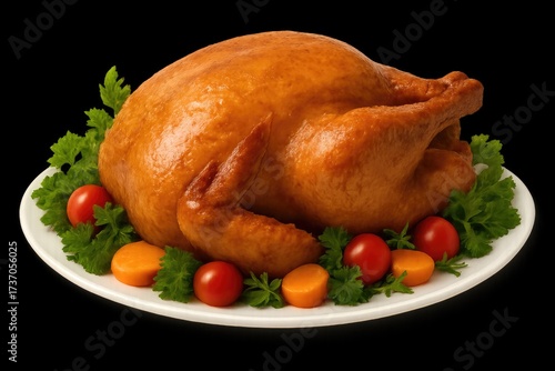 Roast turkey plated with vegetables on a white dish with herbs  