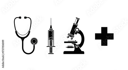 Medical Icons Stethoscope, Syringe, Microscope, and Plus Sign in Monochrome