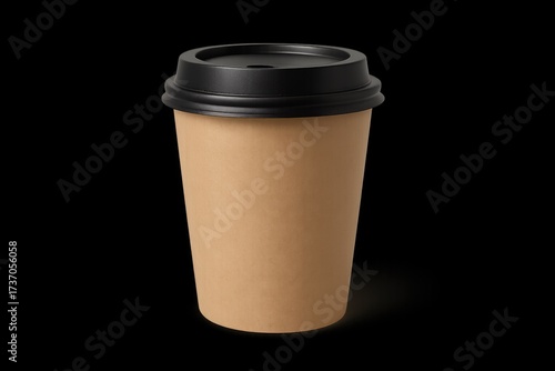 Disposable coffee cup with black lid on dark background  