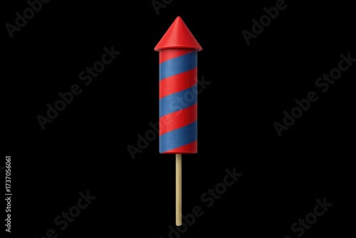 Colorful firework rocket with red and blue stripes on a stick  