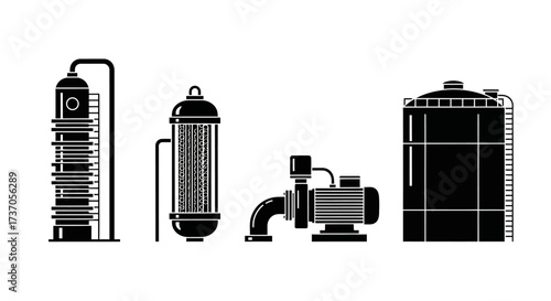 Illustration of Industrial Equipment Tanks, Pumps, and Filtration Systems