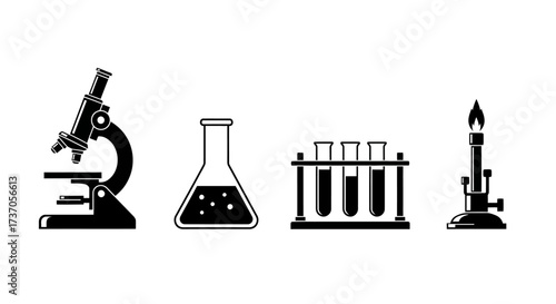 Scientific Equipment Microscope, Flask, Test Tubes, and Bunsen Burner in Black