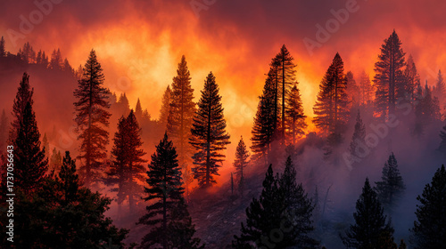 Forest fire with silhouetted trees and smoky orange sky