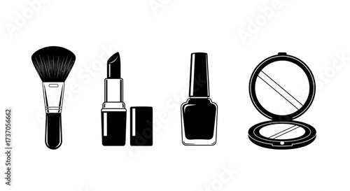 Makeup essentials brush, lipstick, nail polish, compact mirror, beauty routine