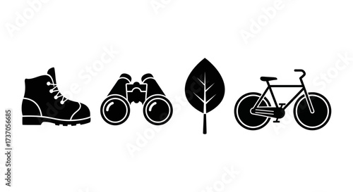 Outdoor Adventure Essentials Hiking Boots, Binoculars, Tree, and Bicycle Icons
