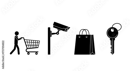 Shopping, security, and everyday items represented with simple black silhouettes