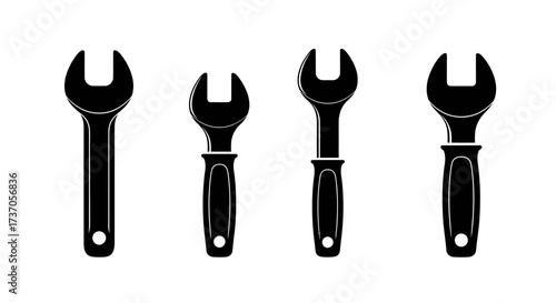 Four black wrench icons in a row, tools for mechanical repair, simple design