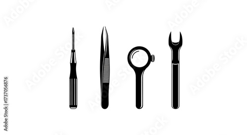 Assortment of Precision Tools Screwdriver, Tweezers, Magnifying Glass, Wrench