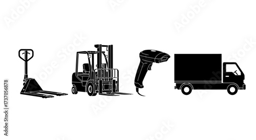 Logistics and Transportation Warehouse Equipment and Delivery Vehicle Icons