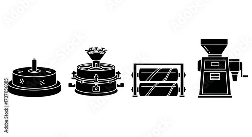 Vintage Grinding Equipment Silhouettes A Black and White Illustration Set