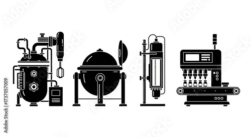 Industrial Machinery Brewery and Manufacturing Equipment Illustrated in Black and White