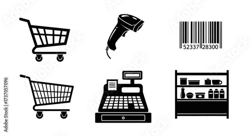Collection of black and white supermarket and shopping-related icons