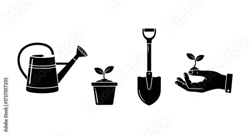 Gardening Tools Watering Can, Potted Plant, Shovel, and Hand Holding Seedling