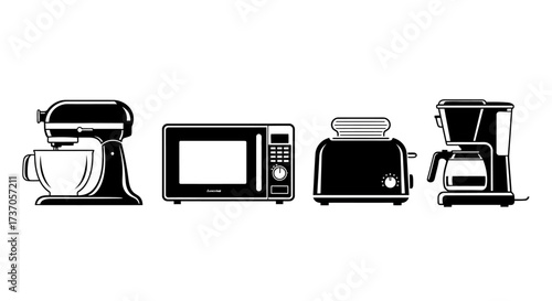 Various Kitchen Appliances Illustrated in Black and White for Culinary Projects