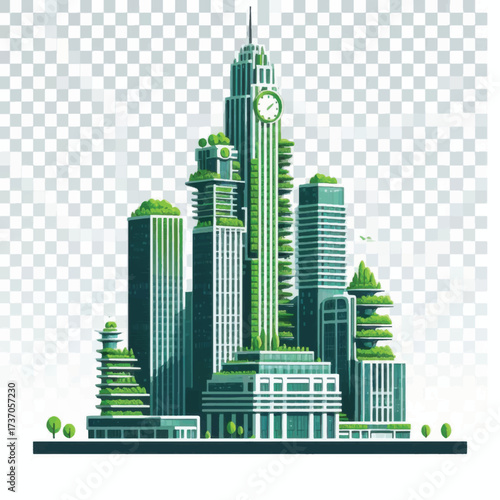 Green city skyline with clock tower and modern architecture.