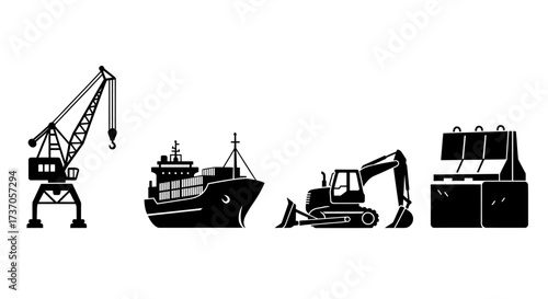 Construction equipment silhouettes Crane, ship, excavator, and factory element icons