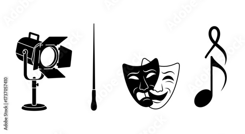Theater Arts Icons Stage Lights, Conductor's Baton, Masks, and Musical Note