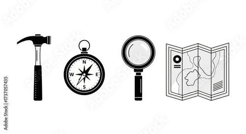 Essential Tools for Exploration Hammer, Compass, Magnifier, and Map