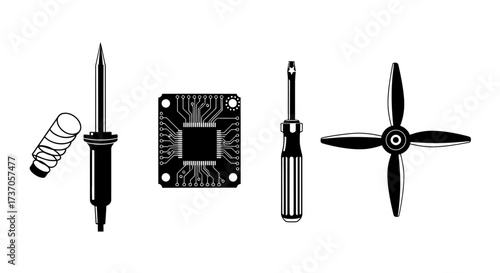 Essential Repair Tools Soldering Iron, Chip, Screwdriver, and Propeller Elements