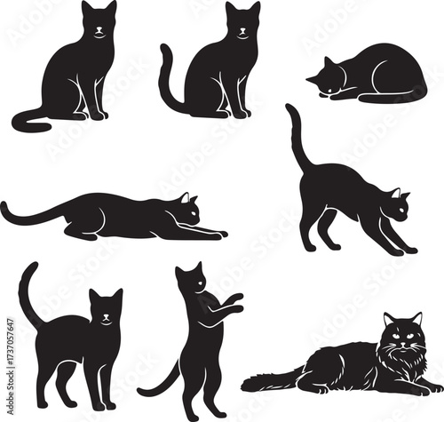 Artful Feline Silhouettes: A collection of elegantly rendered black cat silhouettes, each one capturing a different pose and expression, evoking a sense of mystery and feline grace.