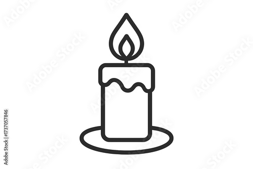 Single candle outline with flame and holder on white background  