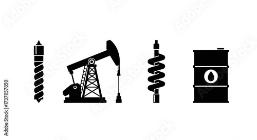 Oil industry icons drill bit, pump jack, spiral, barrel, and petroleum symbol
