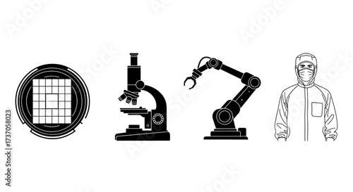 Scientific tools and symbols microscope, robotic arm, and protective suit