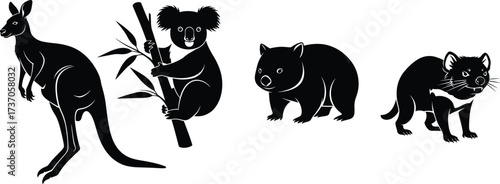 Australian animal silhouette set, kangaroo, koala, wombat, tasmanian devil, wildlife vector illustration, black animal icons, native Australia animals, nature art design