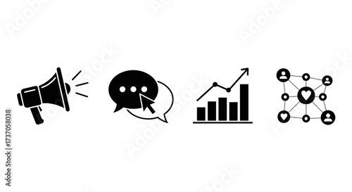Digital Marketing Icons Set Megaphone, Chat, Growth Chart, and Social Media