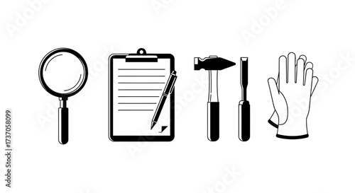 Magnifying Glass, Clipboard, Hammer, Chisel, and Gloves Tools for Inspection and Work