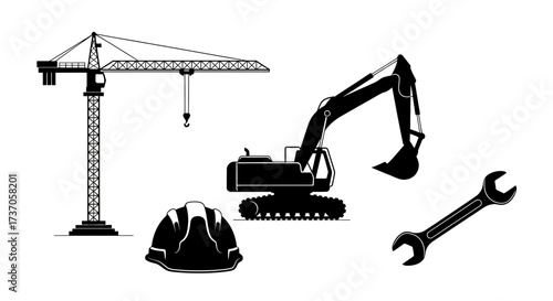 Construction equipment Crane, excavator, hard hat, and wrench in illustration