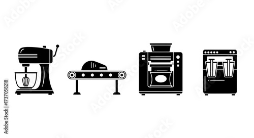 Industrial Kitchen Equipment Mixer, Conveyor, Press, and Filling Machine Icons