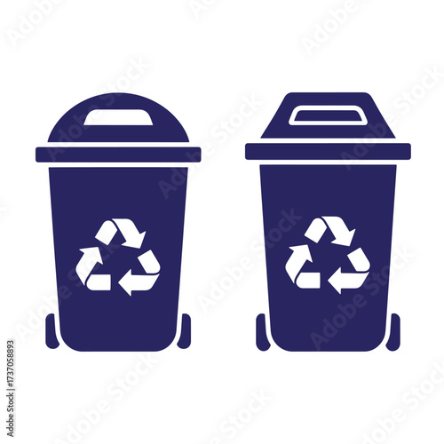 Two vector illustrations of blue recycling bins with a white recycling symbol on white background