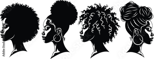 Beautiful African American woman profile silhouette, natural hairstyle vector art, afro curly bun braids, elegant feminine beauty fashion design illustration