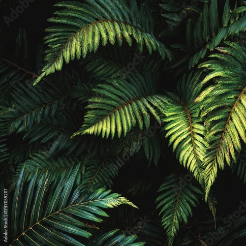 Dense cluster of lush, green fern fronds, richly detailed, and dramatically lit