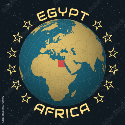 Arab Republic of Egypt on Globe. Country name round text. Vintage look with grunge scratched texture. Country view on world map in Sky Blue Light Yellow color palette. Egypt shape on map.