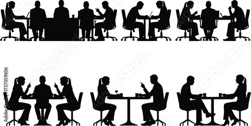 Business meeting silhouette set, teamwork and office discussion vector illustration, people working together at table, consulting, corporate workplace collaboration design