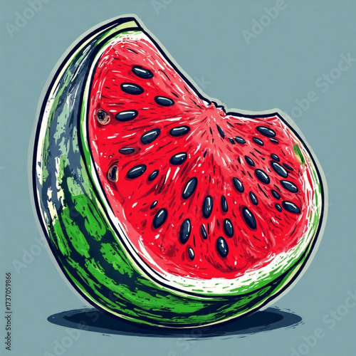 A vibrant, stylized illustration of a juicy watermelon slice with seeds, showcasing its red flesh and green rind.